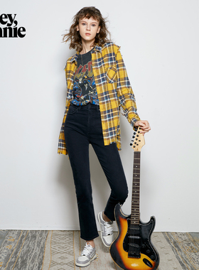 HeyJoanie HJ013黑灰色直筒牛仔裤女双口袋设计中腰显瘦烟管裤子