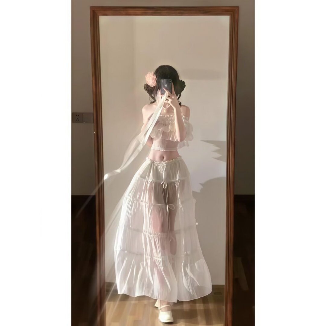 上衣性感微透半身裙蝴蝶结套装