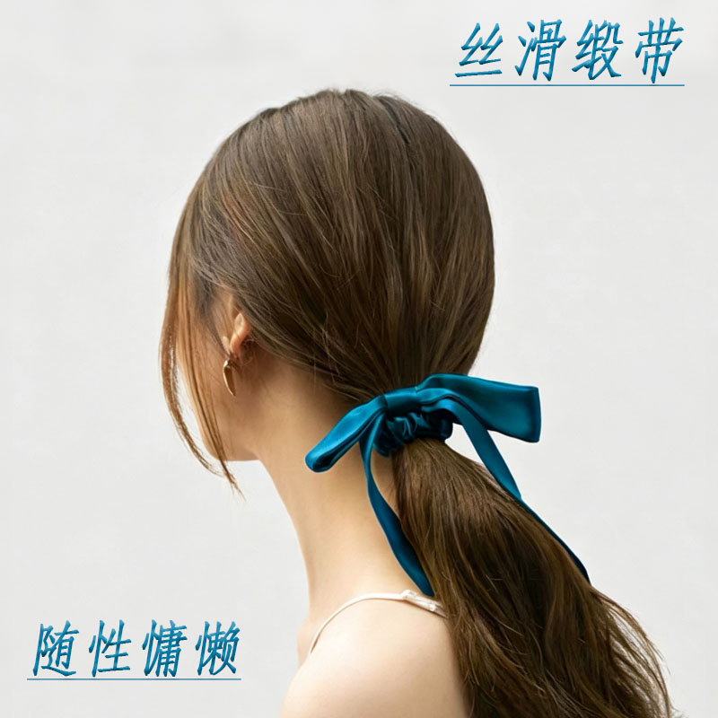 孔雀蓝缎面蝴蝶结飘带韩系发圈氛围感气质简约法式