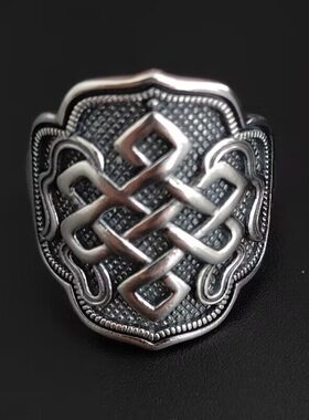 中国风藏银男士戒指蒙古男士雅痞风吉祥结浮雕戒指做旧工艺