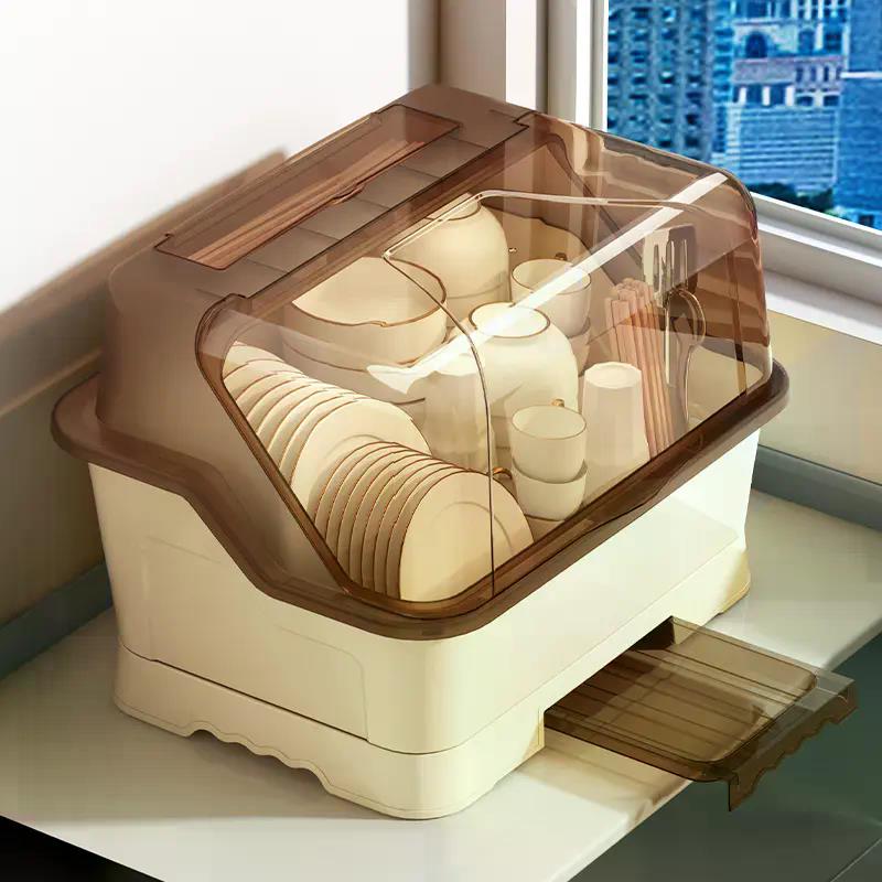 OTHER厨房碗筷收纳盒带盖子放餐具碗盘柜置物架家用沥水碗盘架碗