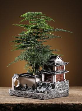 中式苏州园林微景观桌面树脂摆件客厅家居装饰办公室造景房子花盆