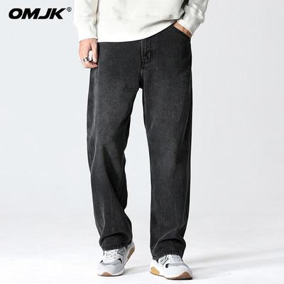 OMJK美式牛仔裤慵懒风男宽松直筒黑色阔腿裤秋冬复古男士加绒裤子