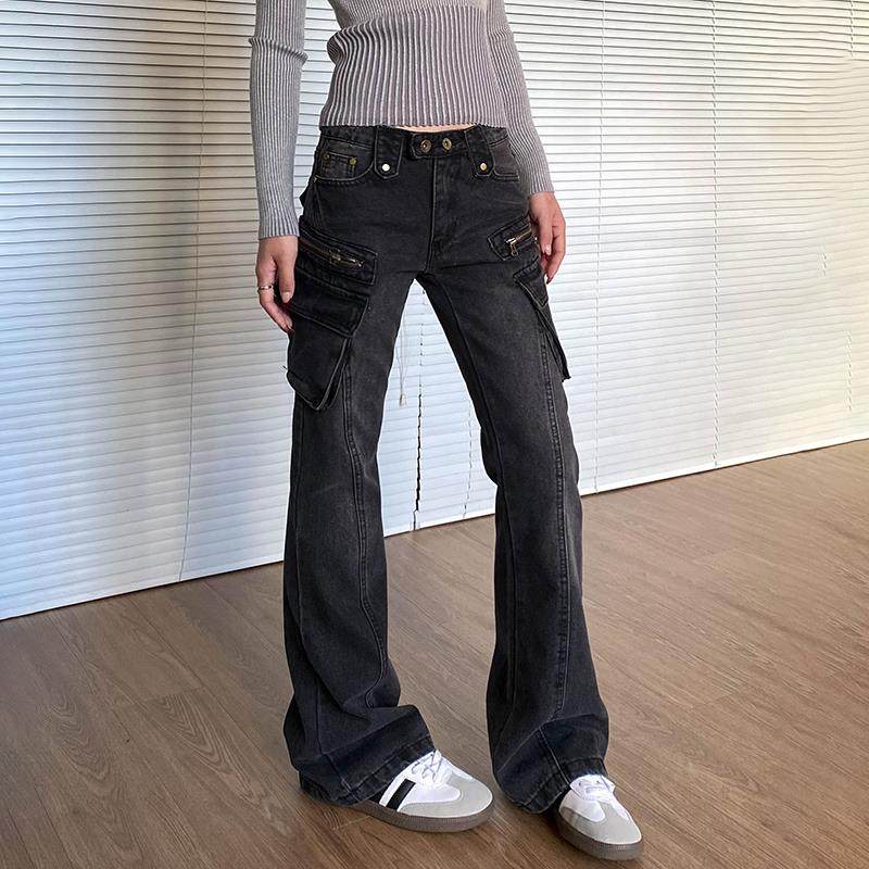 apocket美式复古水洗低腰辣妹显瘦牛仔裤女微喇叭多口袋百搭裤子