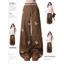 Rayohopp牛仔裤女春季美拉德加绒直筒小熊慵懒风宽松百搭阔腿裤潮