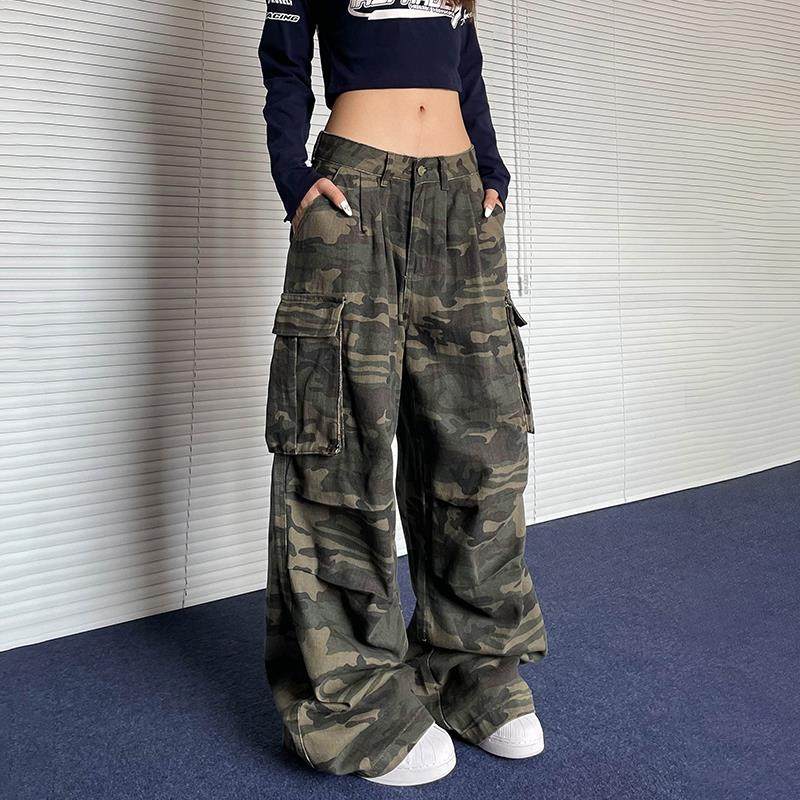 apocket美式复古褶皱多口袋迷彩工装裤女潮牌街头直筒堆积感裤子
