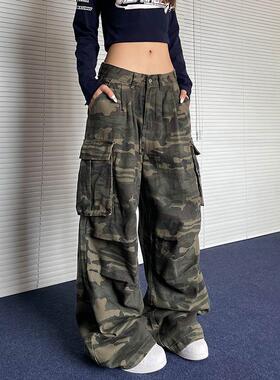 apocket美式复古褶皱多口袋迷彩工装裤女潮牌街头直筒堆积感裤子