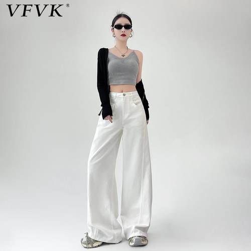 vfvk白色阔腿牛仔裤女秋冬工装高腰宽松垂感休闲直筒拖地裤子冬季