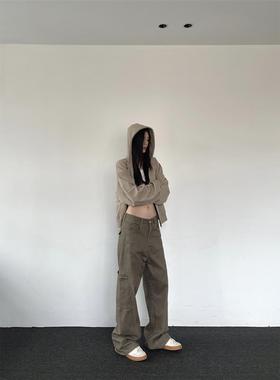 XXDIRLY美式复古咖色美拉德牛仔裤女宽松直筒休闲裤设计感工装裤