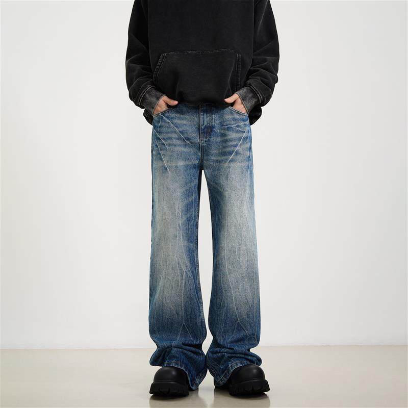 KISKO美式高街闪电纹水洗直筒微喇牛仔裤男设计cleanfit显瘦裤子