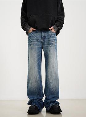 KISKO美式高街闪电纹水洗直筒微喇牛仔裤男设计cleanfit显瘦裤子