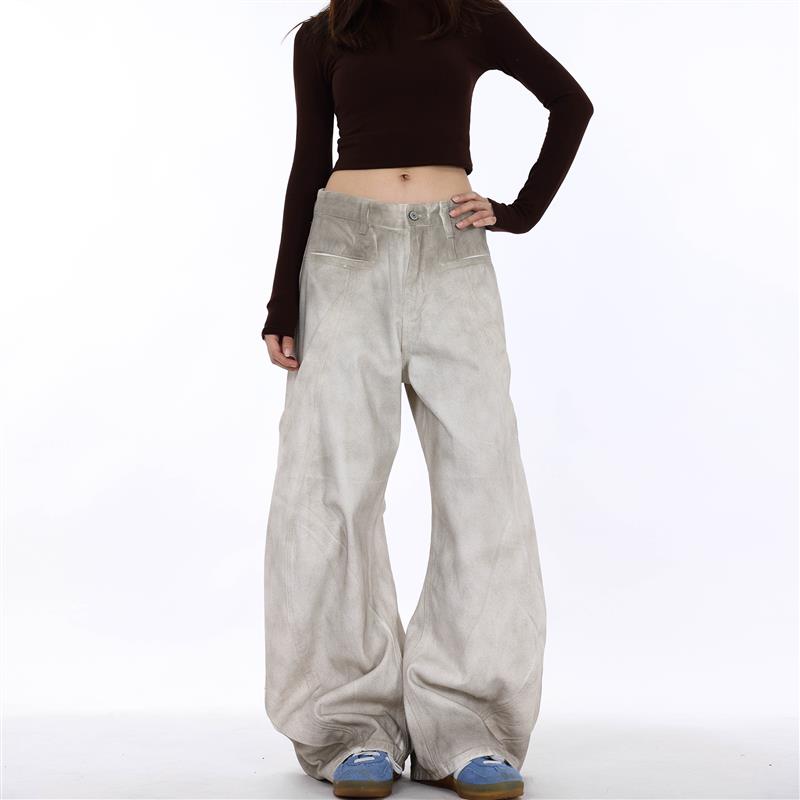 FILFR美式复古重工水洗白色脏染解构弯刀牛仔裤男女宽松阔腿裤子