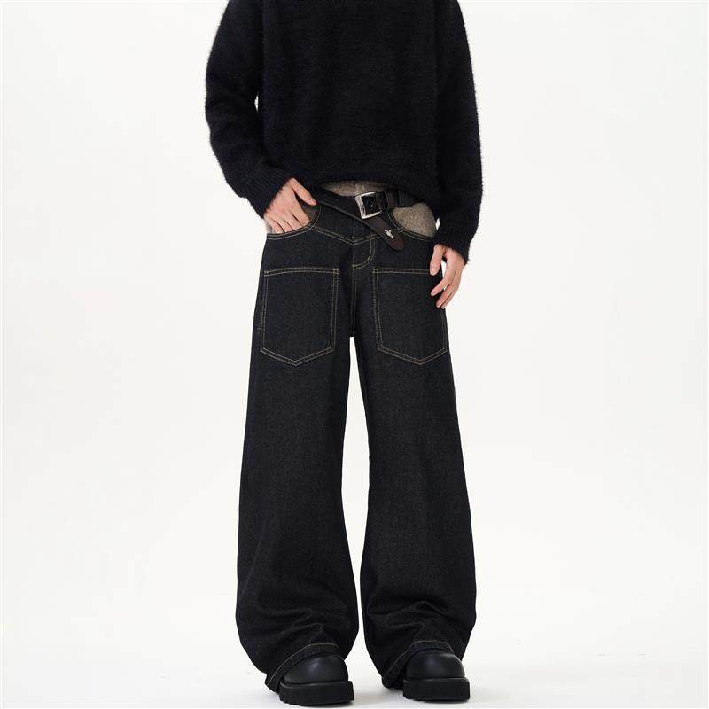 KISKO美式复古拼接反穿设计弯刀牛仔裤男女宽松直筒水洗vibe长裤