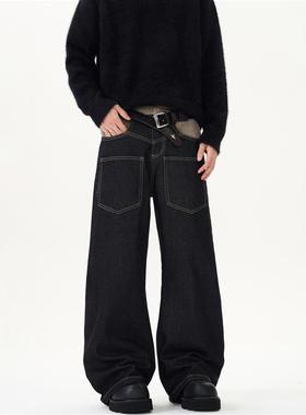 KISKO美式复古拼接反穿设计弯刀牛仔裤男女宽松直筒水洗vibe长裤