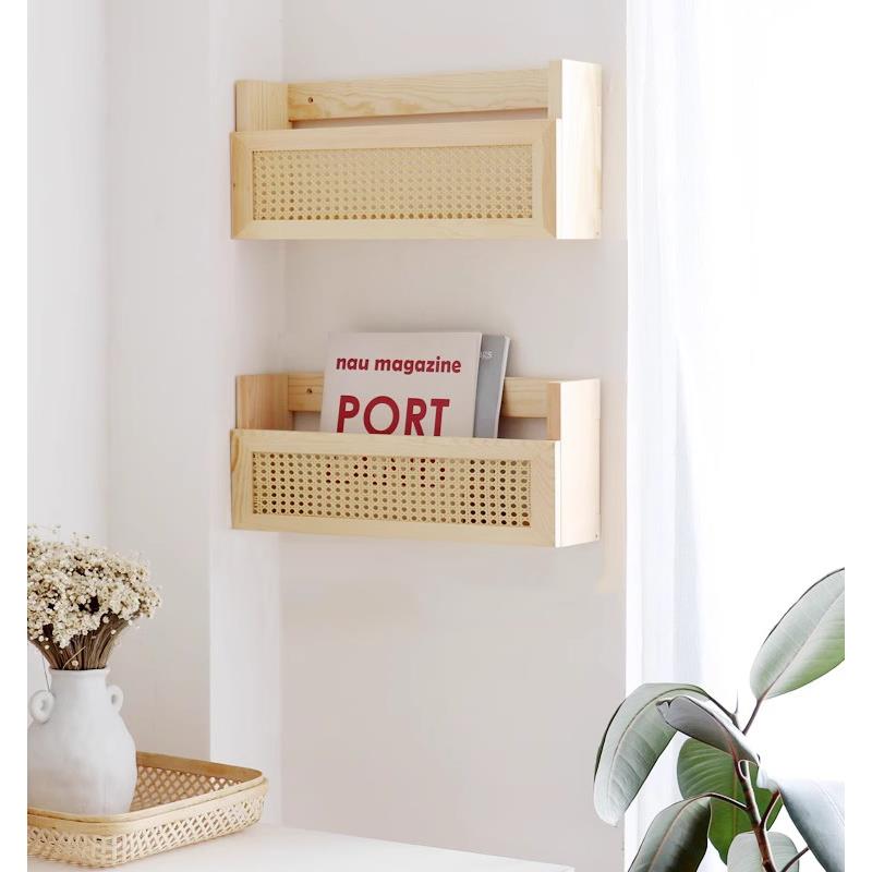 日式藤编实木置物架壁挂隔板杂志书刊收纳儿童书房墙面装饰品