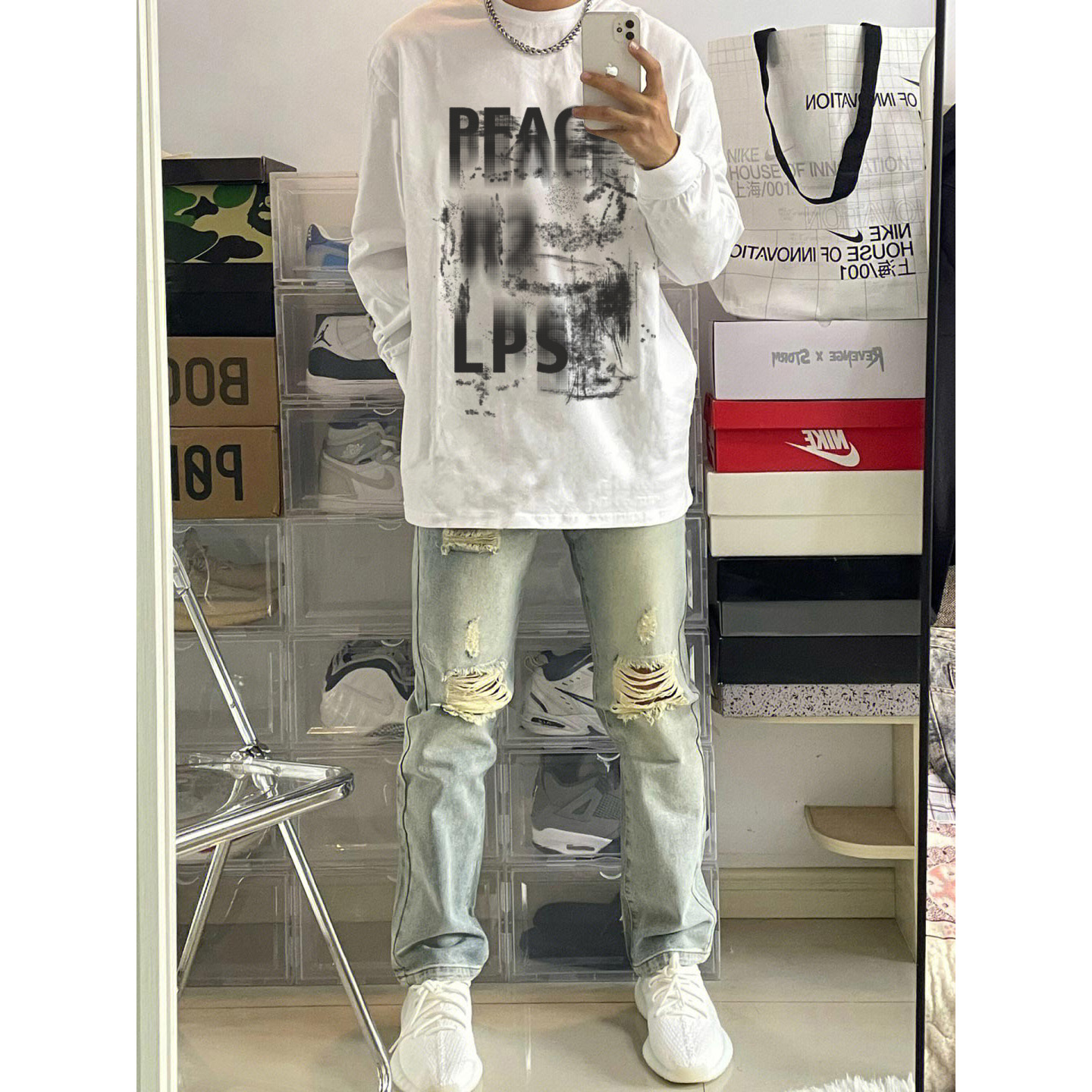 美式休闲重磅印花宽松长袖t恤男