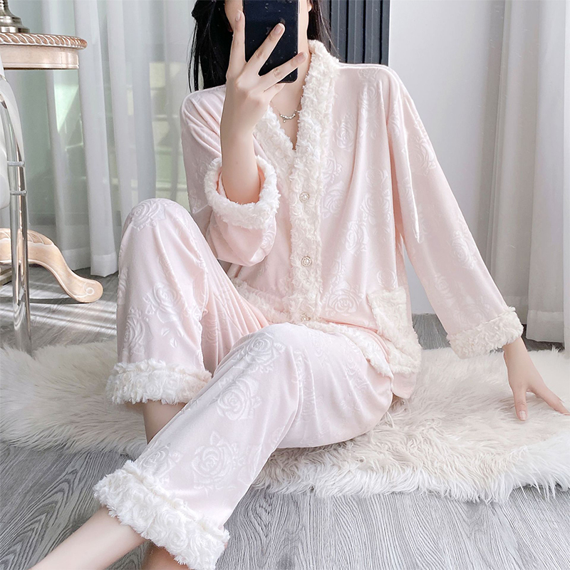 轻奢海岛绒毛边睡衣女秋冬家居服套装2025新款高级感粉色甜美法式