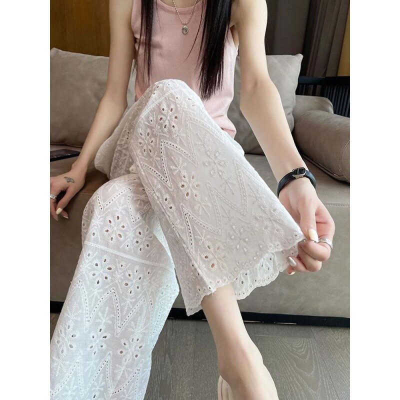 窄版直筒阔腿裤女夏季薄款宽松显瘦大码镂空休闲九分凉凉运动裤子