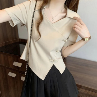 辣妹上衣服 polo衫 女短袖 T恤v领大码 胖mm正肩显瘦设计感小众新中式