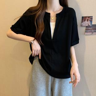 T恤女胖妹妹显瘦遮肚子独特上衣女t 夏季 大码 韩版 百搭正肩V领短袖