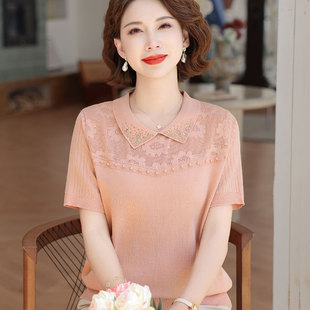 冰丝短袖 中老年女夏季 母亲节妈妈夏装 t恤2025新款 薄款 翻领针织衫