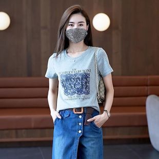 时尚 夏季 韩版 休闲纯棉t恤女短袖 显瘦上衣女t 新款 洋气百搭印花修身