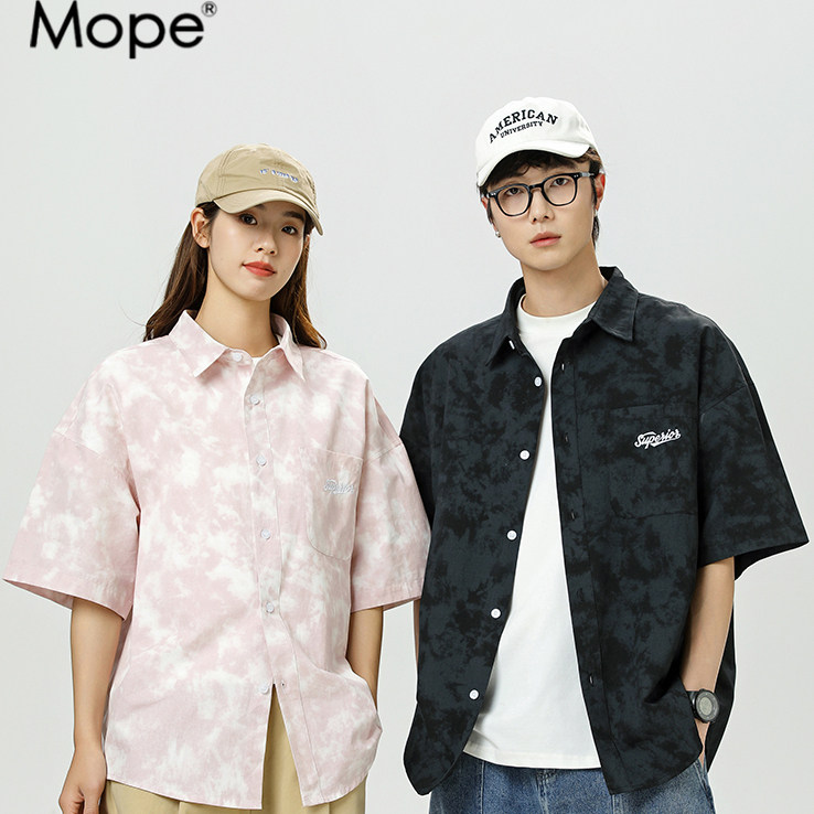 MOPE衬衫男女款夏季美式休闲运动扎染薄款宽松时尚百搭短袖
