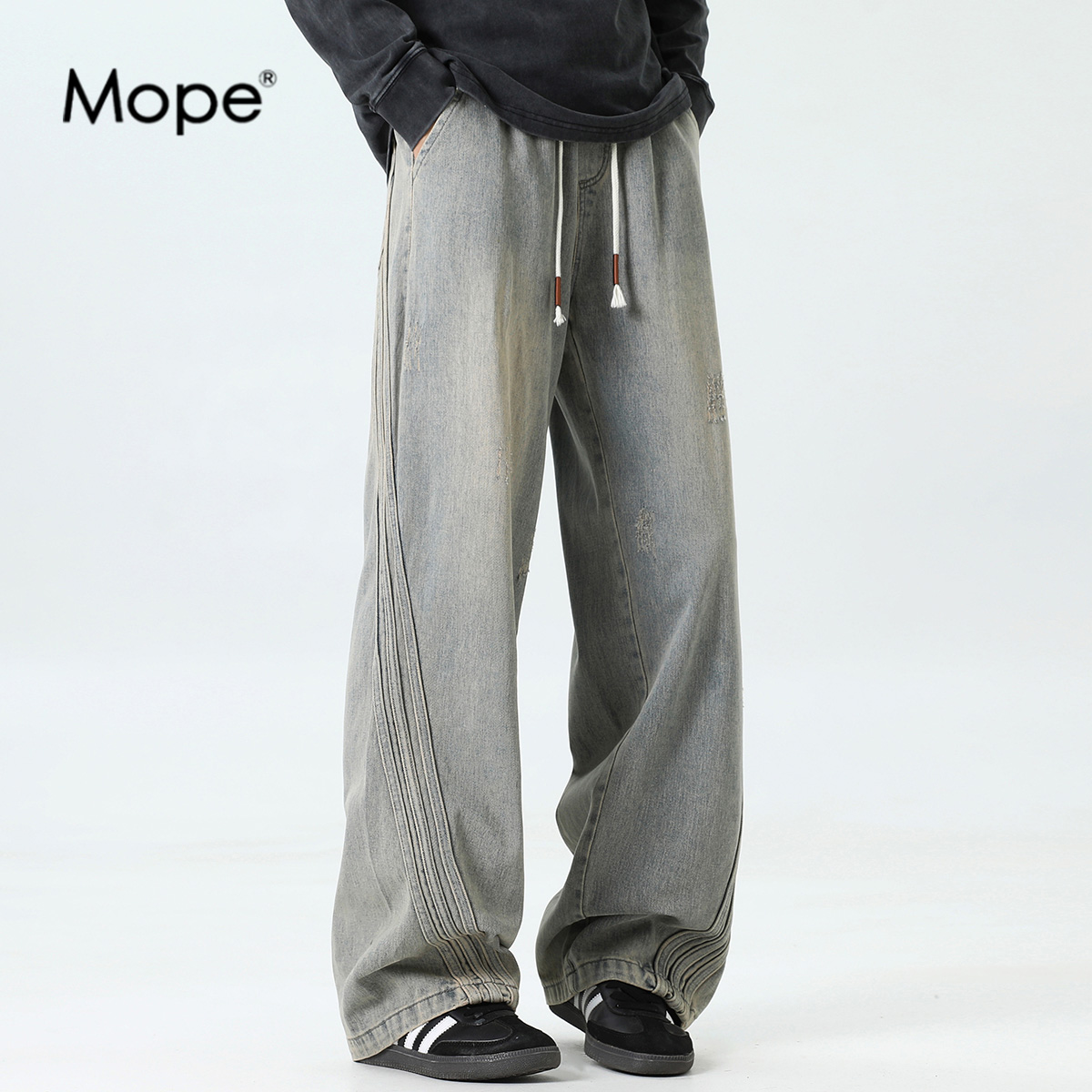 MOPE秋季新款宽松直筒牛仔裤男潮流百搭休闲长裤子