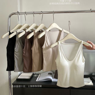 韩社6627#基础款细肩螺纹一体杯背心自带胸垫U领外穿打底上衣美背