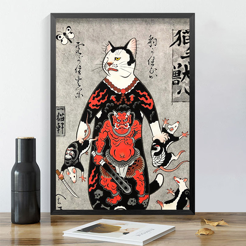 a4纹身海报画框日式传统武士猫刺青手稿客厅玄关走廊装饰画背景画