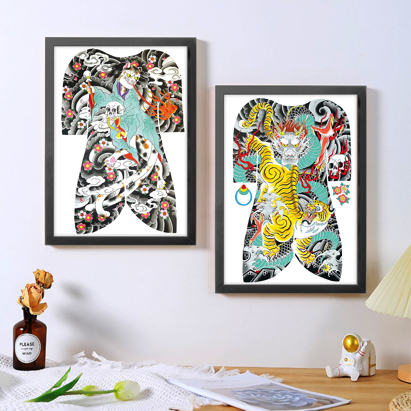 A4A3纹身海报相框画老传统大满背手稿刺青店客厅背景墙壁装饰画框