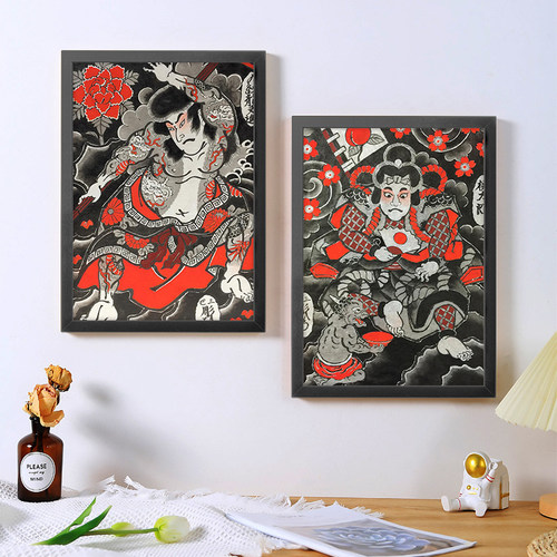 A4纹身海报画框装饰画日式老传统武士刺青客厅走廊墙壁背景画挂画