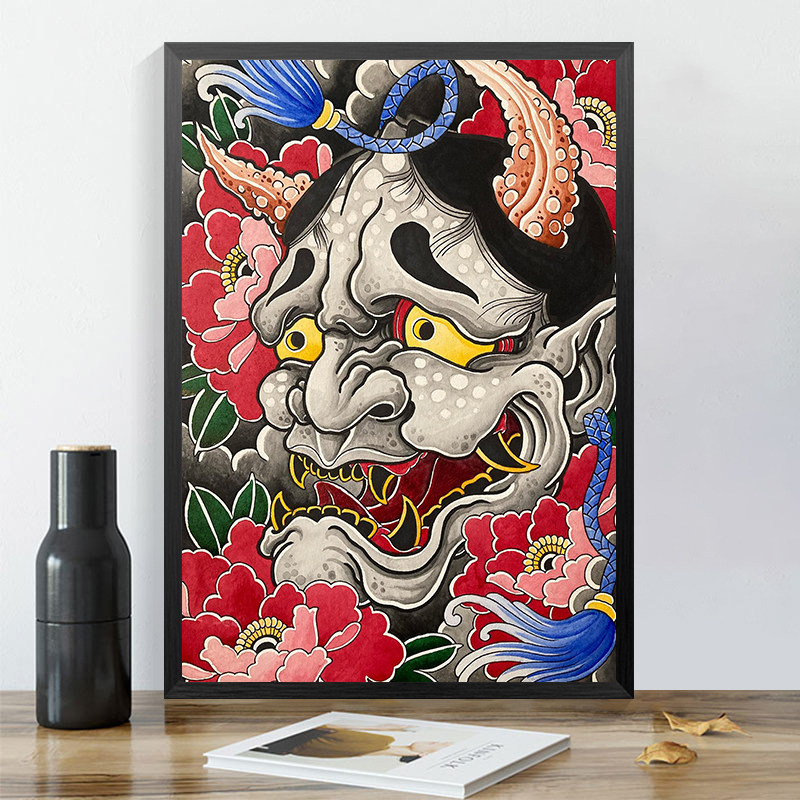 客厅墙壁挂画彩色老传统刺青手稿装饰画背景画a4纹身海报相框定制