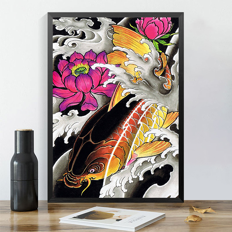 a4纹身海报画框装饰画传统浪花鲤鱼刺青手稿客厅走廊墙壁背景挂画