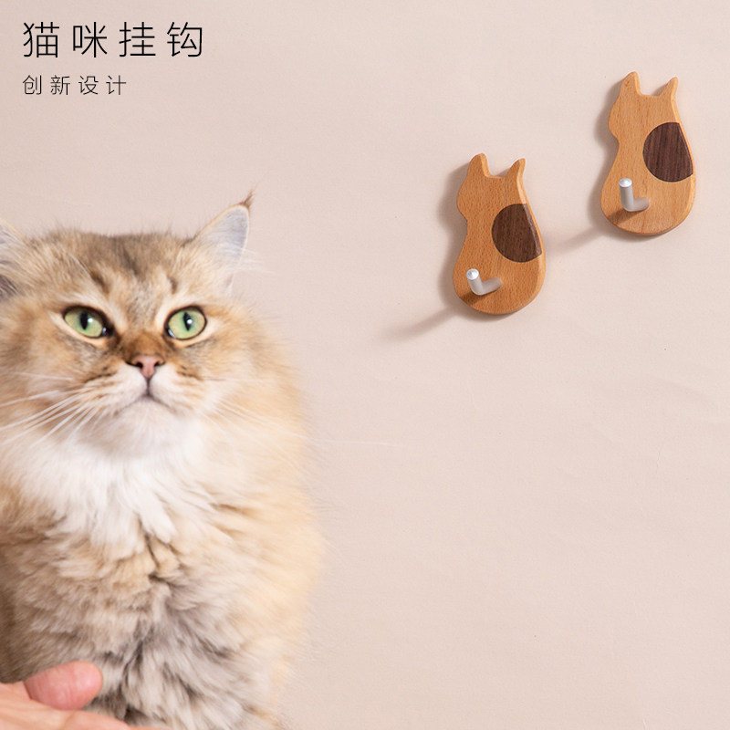 实木挂钩玄关门后墙壁免打孔原木猫咪粘钩创意儿童房可爱衣帽钩