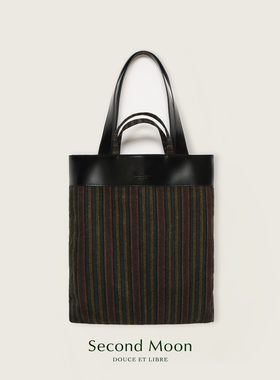 SecondMoon中古条纹小众设计羊毛拼皮包韩系百搭