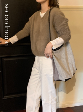 SecondMoon进口双面羊毛秋冬百搭随性拼皮托特包