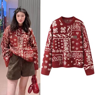 FN高端定制复古费尔岛风红色提花针织衫女圆领套头毛衣宽松慵懒风