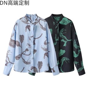 DN高端定制2024夏新款休闲百搭POLO领碎花印花长袖宽松长袖衬衫女