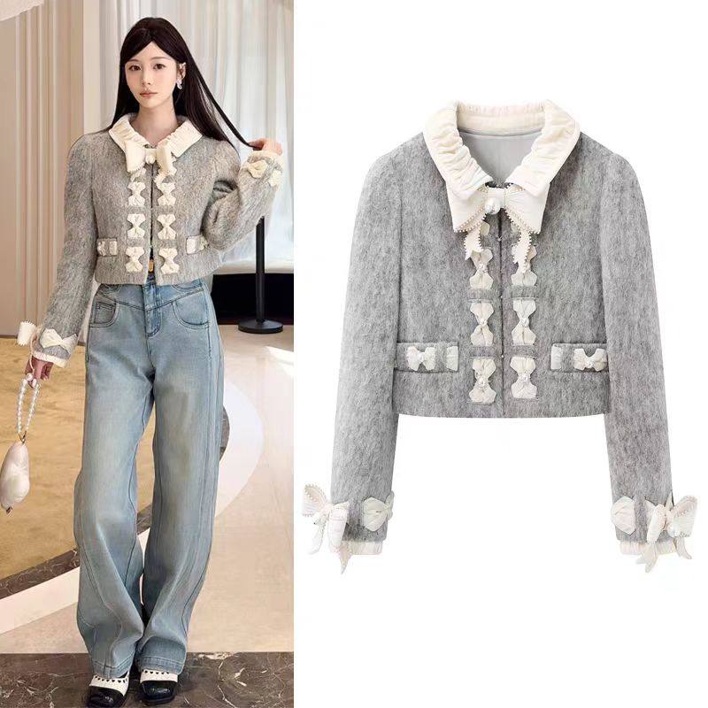 DN高端定制甜美风短外套女2025冬季新款重工蝴蝶结撞色翻领上衣,女装/女士精品,短外套,淘宝优惠券,粉丝福利购,淘宝优惠卷