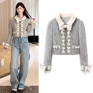 DN高端定制甜美风短外套女2025冬季 重工蝴蝶结撞色翻领上衣 新款