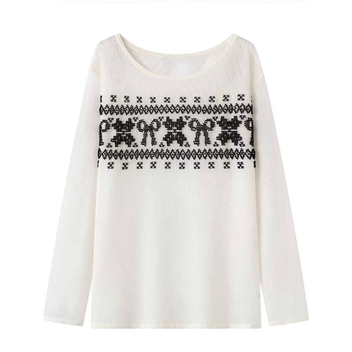 DN高端定制提花图案圆领针织衫女2026春季新款长袖套头百搭毛衣