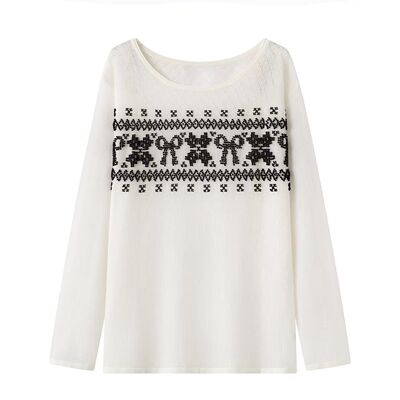 提花图案圆领针织衫女