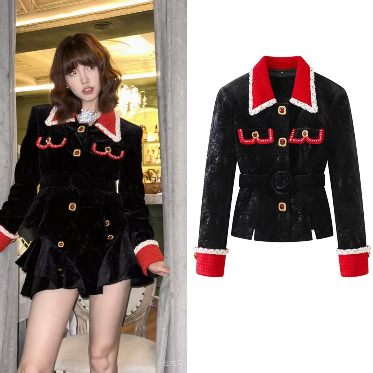 DN高端定制2025冬季新款时尚名媛小香风翻领撞色丝绒短款外套女,女装/女士精品,短外套,淘宝优惠券,粉丝福利购,淘宝优惠卷