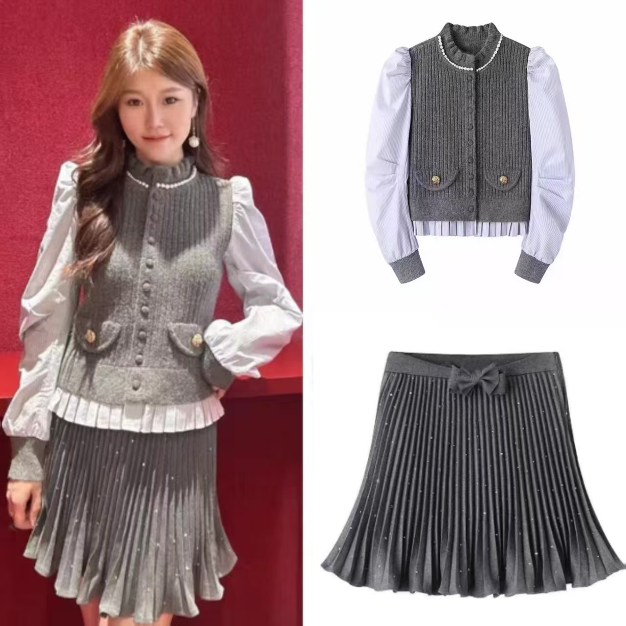 高级感烫钻蝴蝶结灰色百褶半身裙