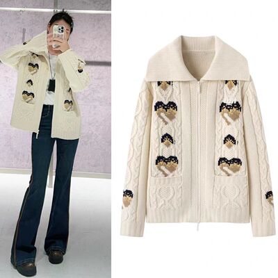 爱心提花翻领拉链针织开衫女