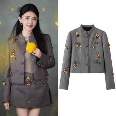 宫廷风人字纹重工钉珠花朵外套女