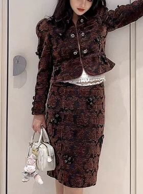 DN高端定制2025春季新款气质宫廷风复古玫瑰提花短外套半身裙女