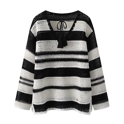 DN高端定制2025春新款时尚百搭休闲宽松设计感镂空条纹针织衫女