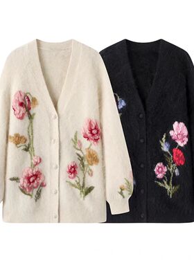 DN高端定制温柔风花朵刺绣V领针织开衫女2025冬季新款宽松毛衣